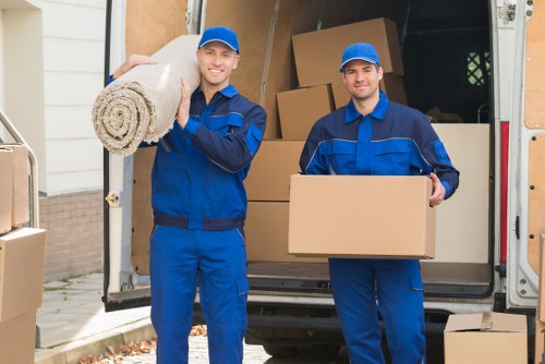 Professional movers carrying boxes in a Catford street